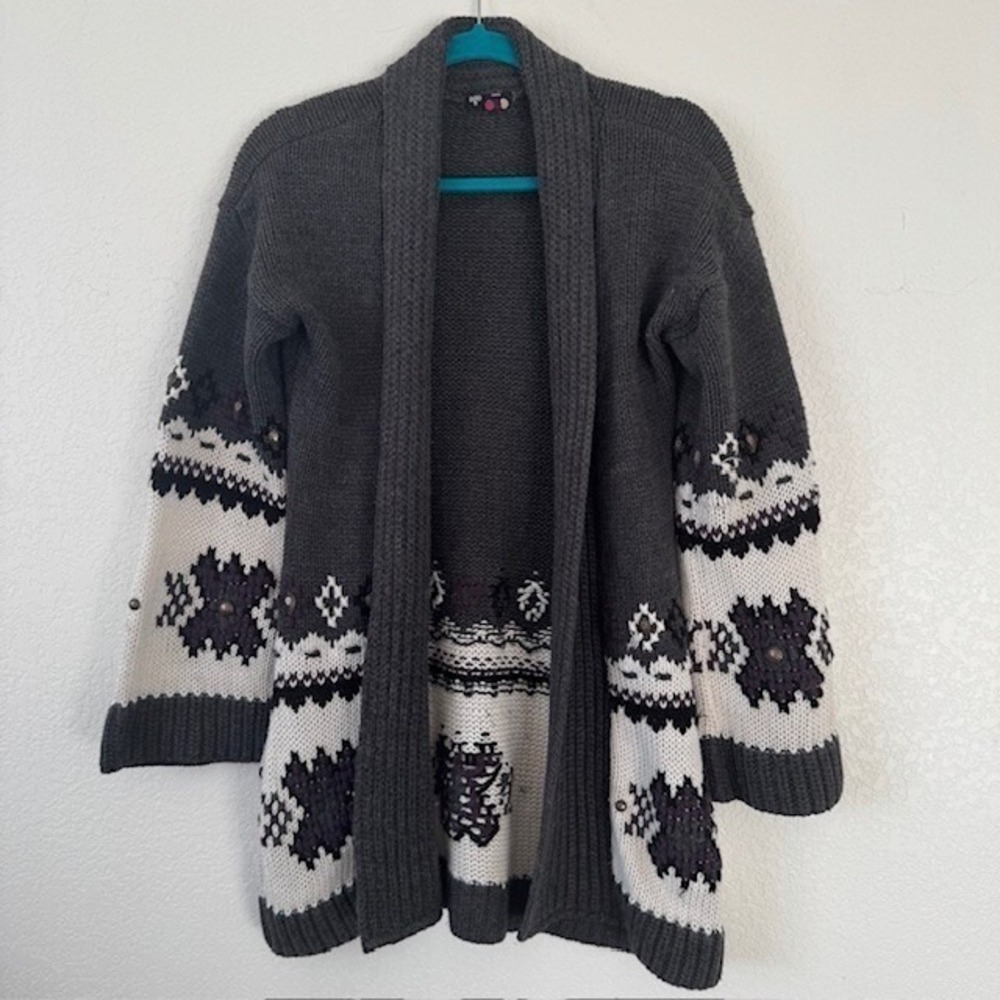 Aztec Cardigan Women Size M Grey Fair Isle Studded Open Front Shawl Sweater
